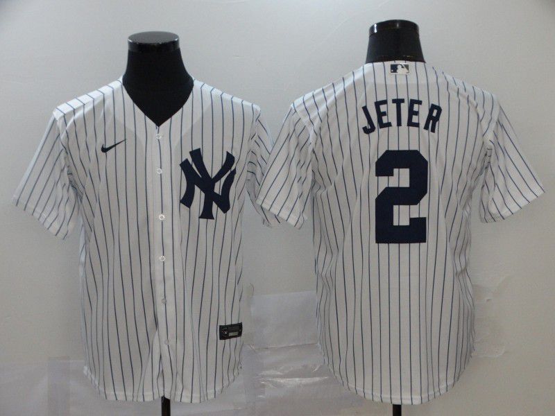 Men New York Yankees 2 Jeter White stripes Nike Game MLB Jerseys